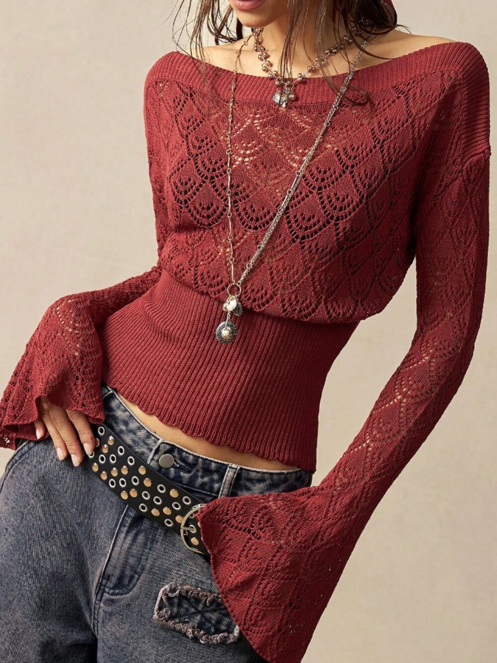 Redwood Casual Women's Off-Shoulder Hollow Long Sleeve Sweater